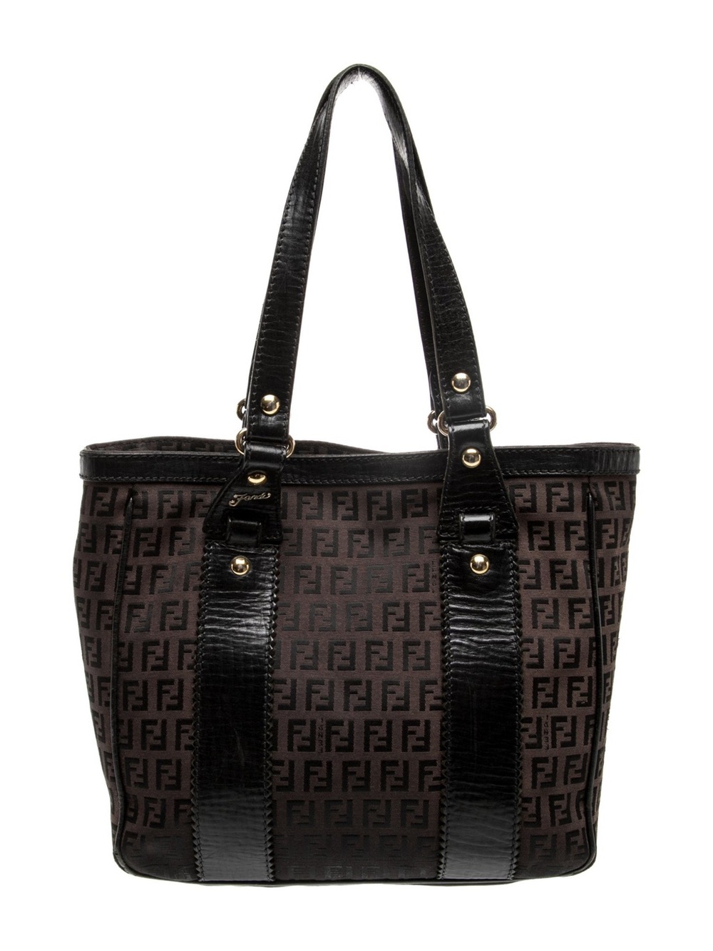 Vintage Fendi Zucchino FF Monogram Canvas & Leather Tote Bag Black Brown